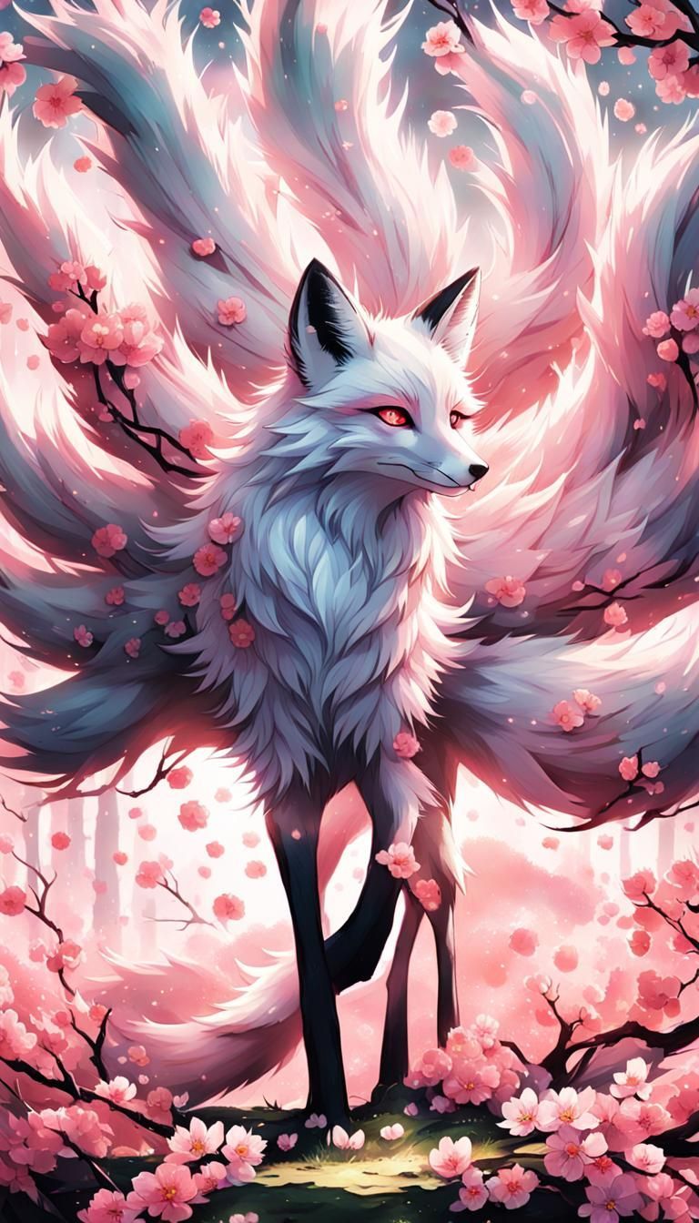 768x1344 Pink Magic Fox with Sakura Antlers in Anime Style