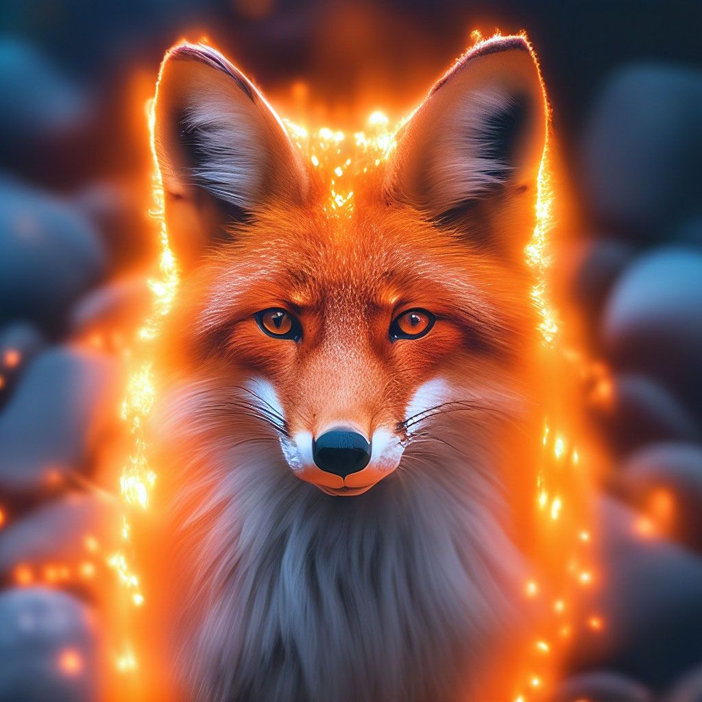 1024x1024 Magic fox, fiery red color, glowing orange stones on the muzzle, realistic, professional photo, high quality