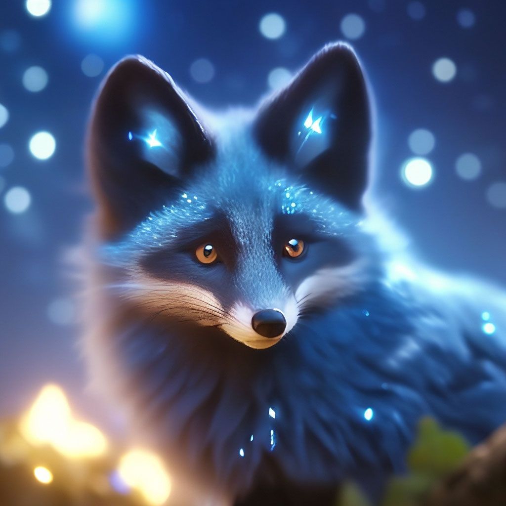 1024x1024 Small, Fluffy. Black Blue Magic Fox On The Background Of The Starry Sky. She