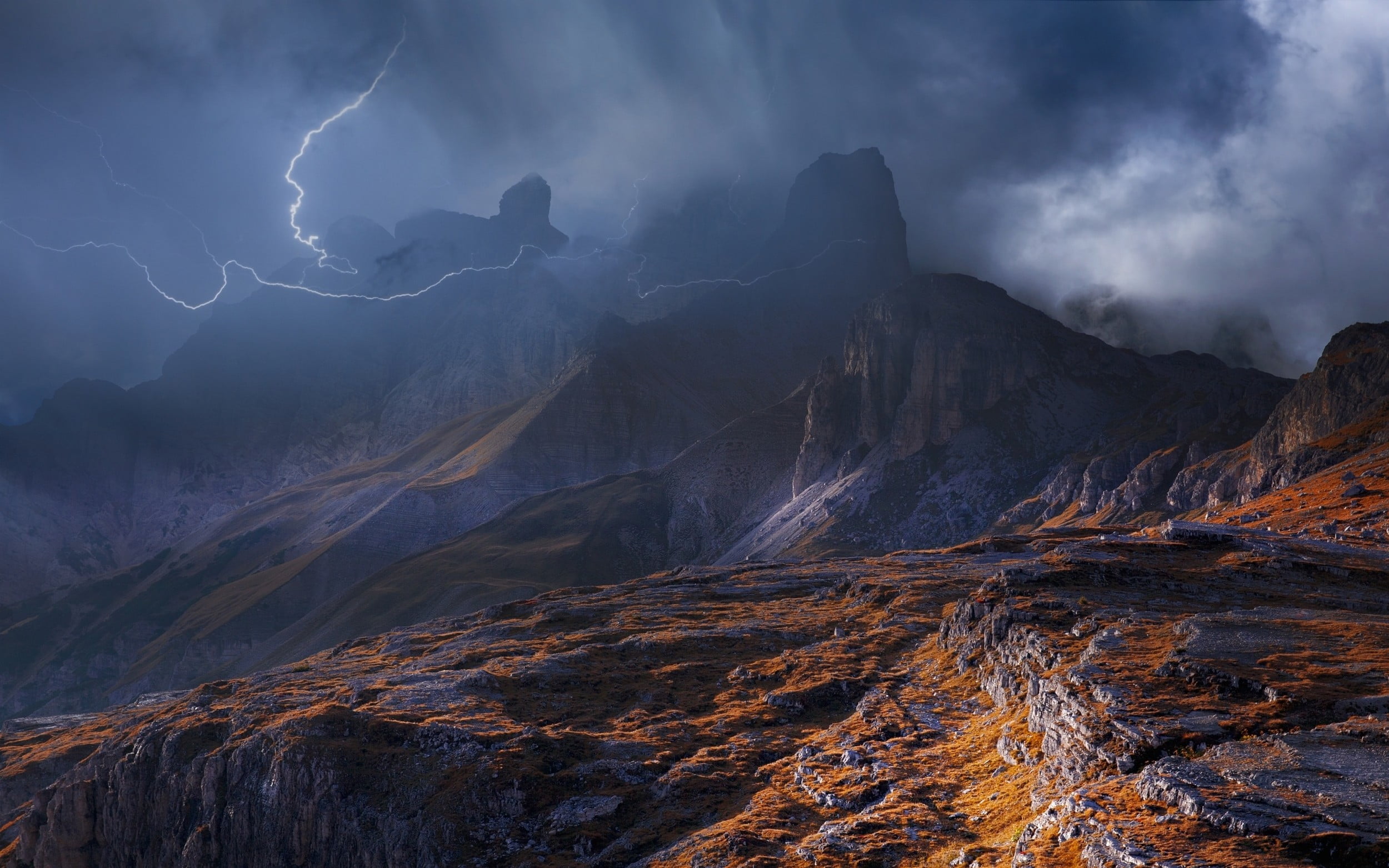 2500x1563 Rock mountain, nature, landscape, mountains, storm HD wallpaper