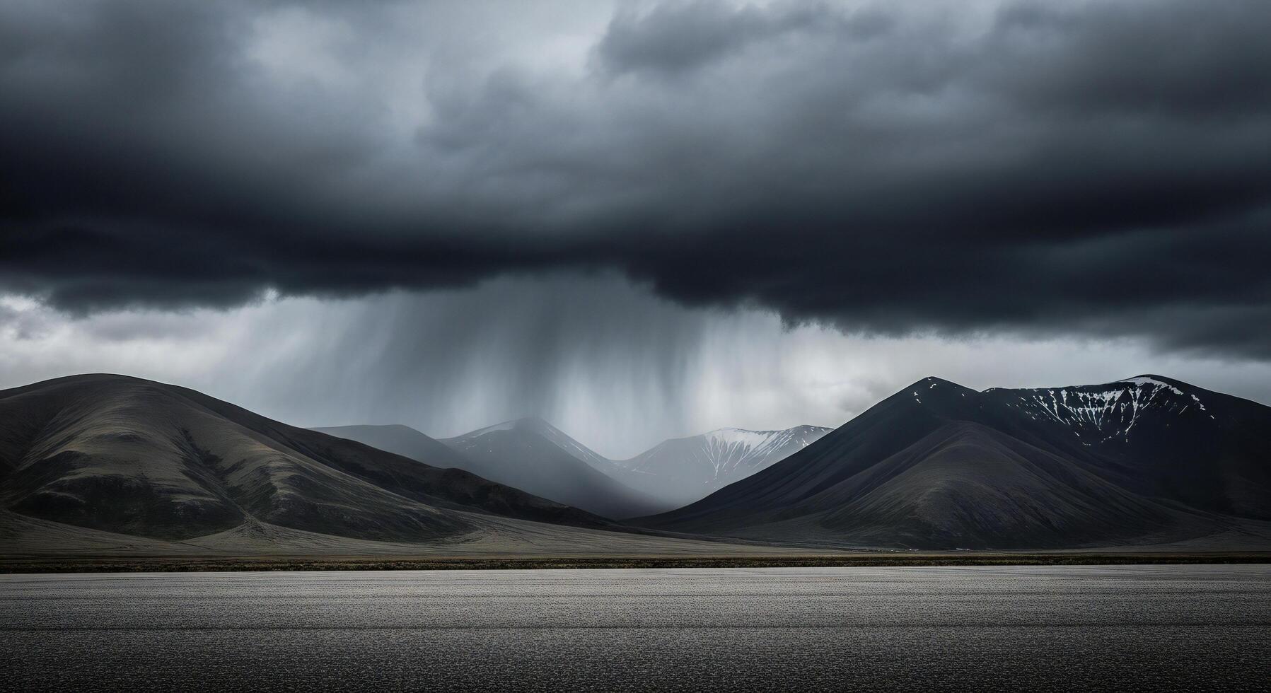 1797x980 Nature background, Nature wallpaper, Stormy sky with heavy rain falling on remote mountain range and textured asphalt foreground