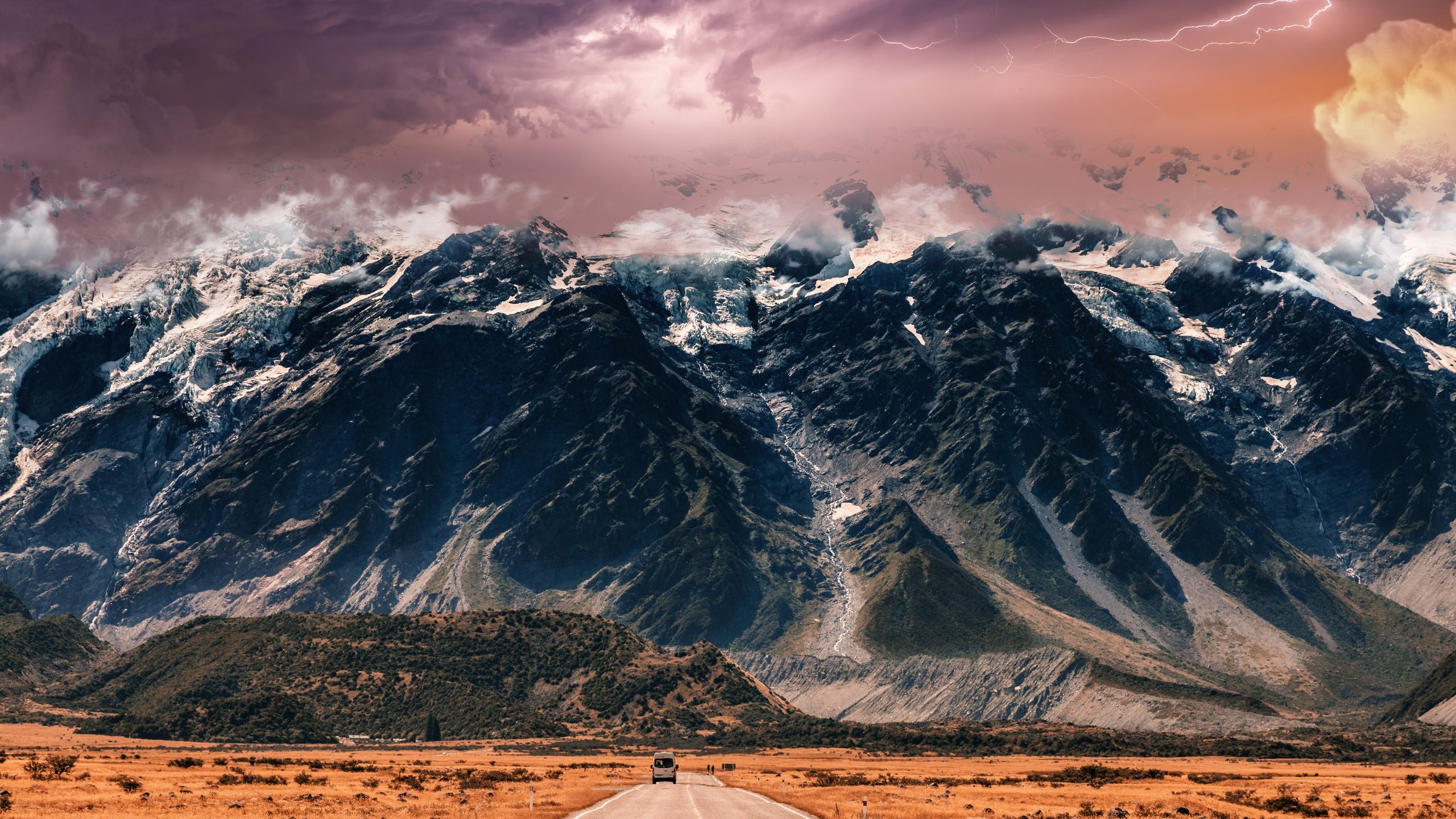 2560x1440 Endless Road Wallpaper 4K, Thunderstorm, Mountain range
