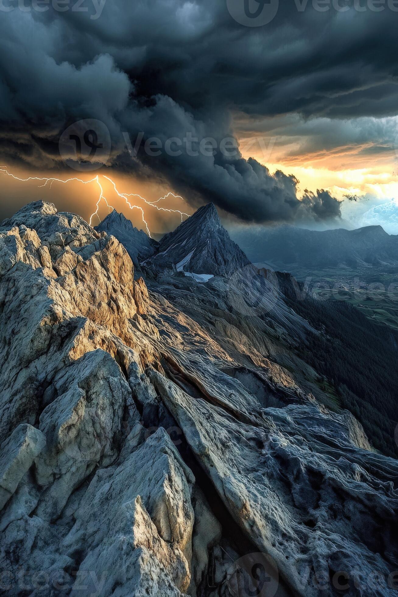 1307x1960 Mountain landscape with dramatic stormy sky at sunset