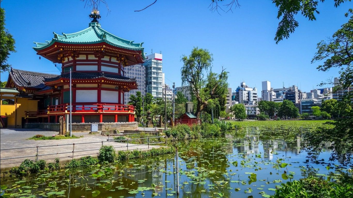 1366x768 Japan Pond Tokyo Temple Blue Sky Background HD Travel Wallpaper