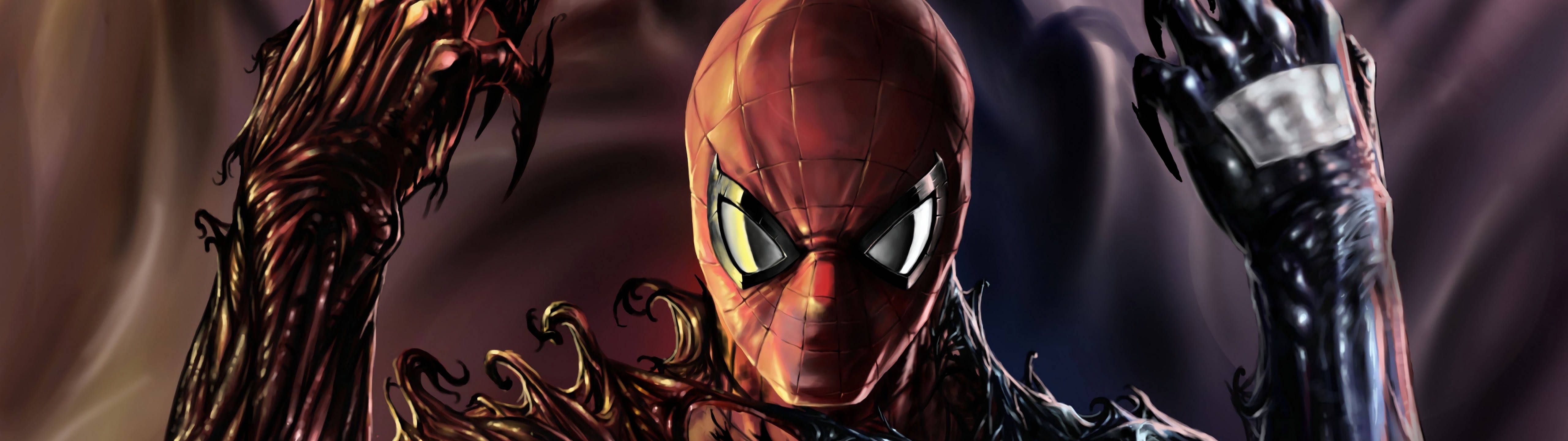 5120x1440 Marvel Hero Superman Being Captured By The Symbiote Of Venom Turning Into A Black Spiderman In 5120 X 1440 Size Wallpaper