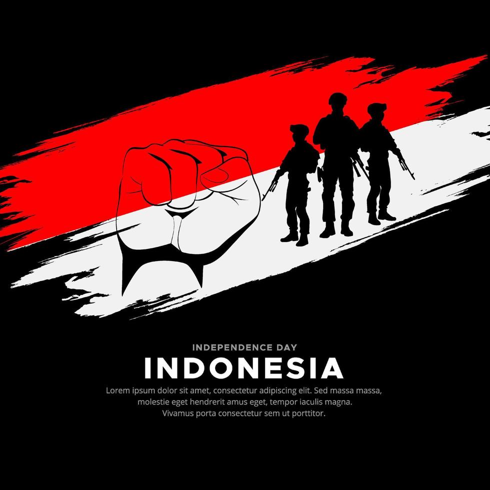 980x980 Indonesia flag background vector with fist gesture and soldier silhouette. Indonesia Independence Day Vector