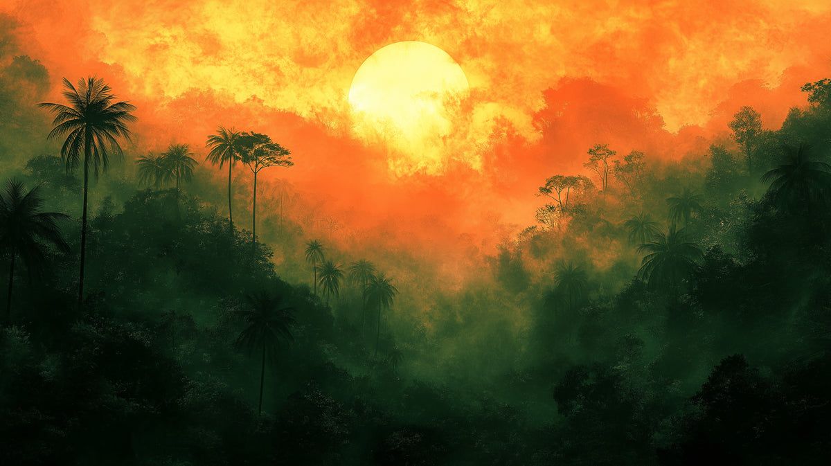 1200x673 Misty Jungle Sunset with Palm Trees Mural Wallpaper. Ethereal Tropical Art