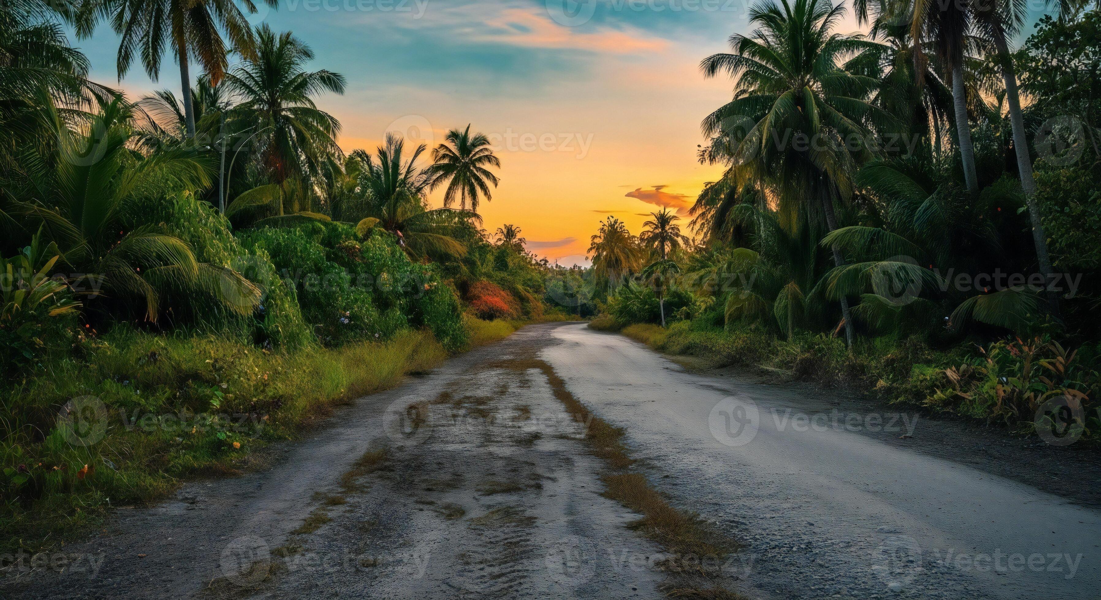 3593x1960 Nature background, Nature wallpaper, Winding dirt road through a dense tropical jungle with palm trees at sunset