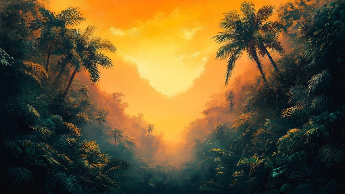1200x673 Mystical Jungle Path at Sunset Mural Wallpaper. Dreamy Tropical Landscape