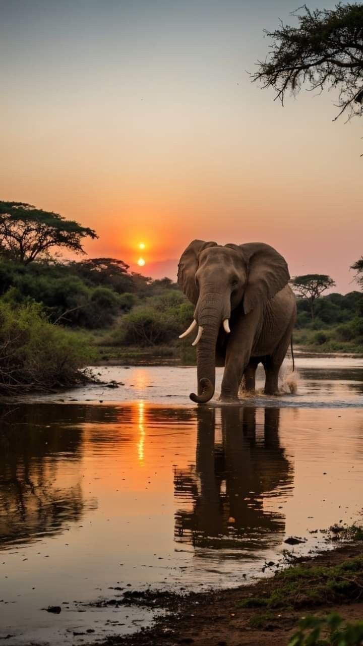 720x1281 Elephant in African Jungle at Sunset Wallpaper. African elephant sunset, Elephant in water at sunset, Nature photography inspiration