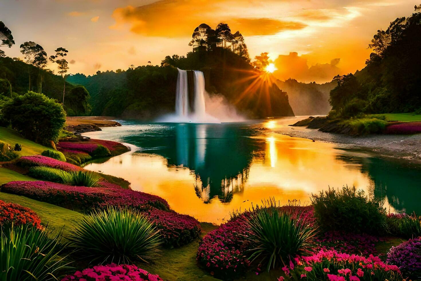 1470x980 The Sunset In The Jungle With A Waterfall. AI Generated