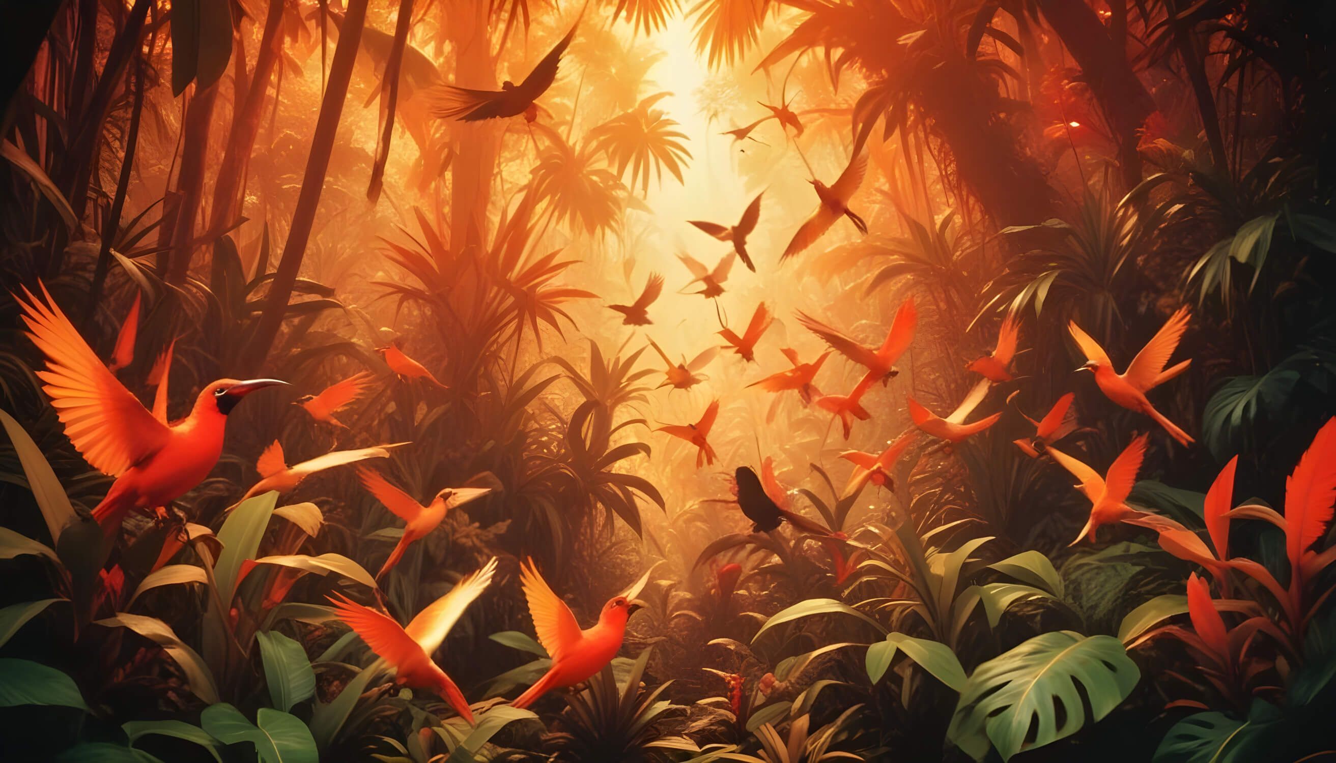 2625x1500 Tropical Birds Mural Wallpaper. Orange Sunset Jungle Scene