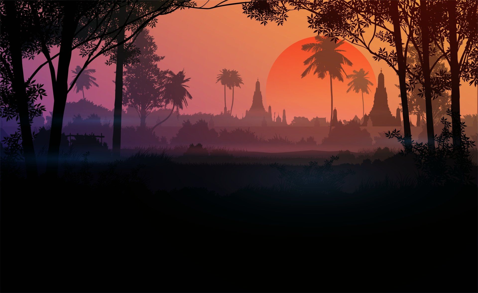 1920x1179 4K Ultra HD Artistic Sunset: Serene Tropical Silhouette