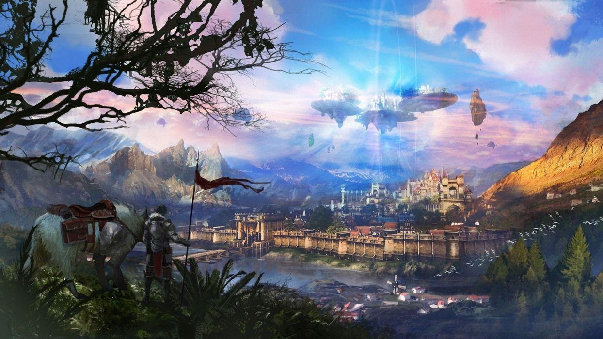1244x700 Castle flying horse in the sky art horse fantasy wallpaperx1080