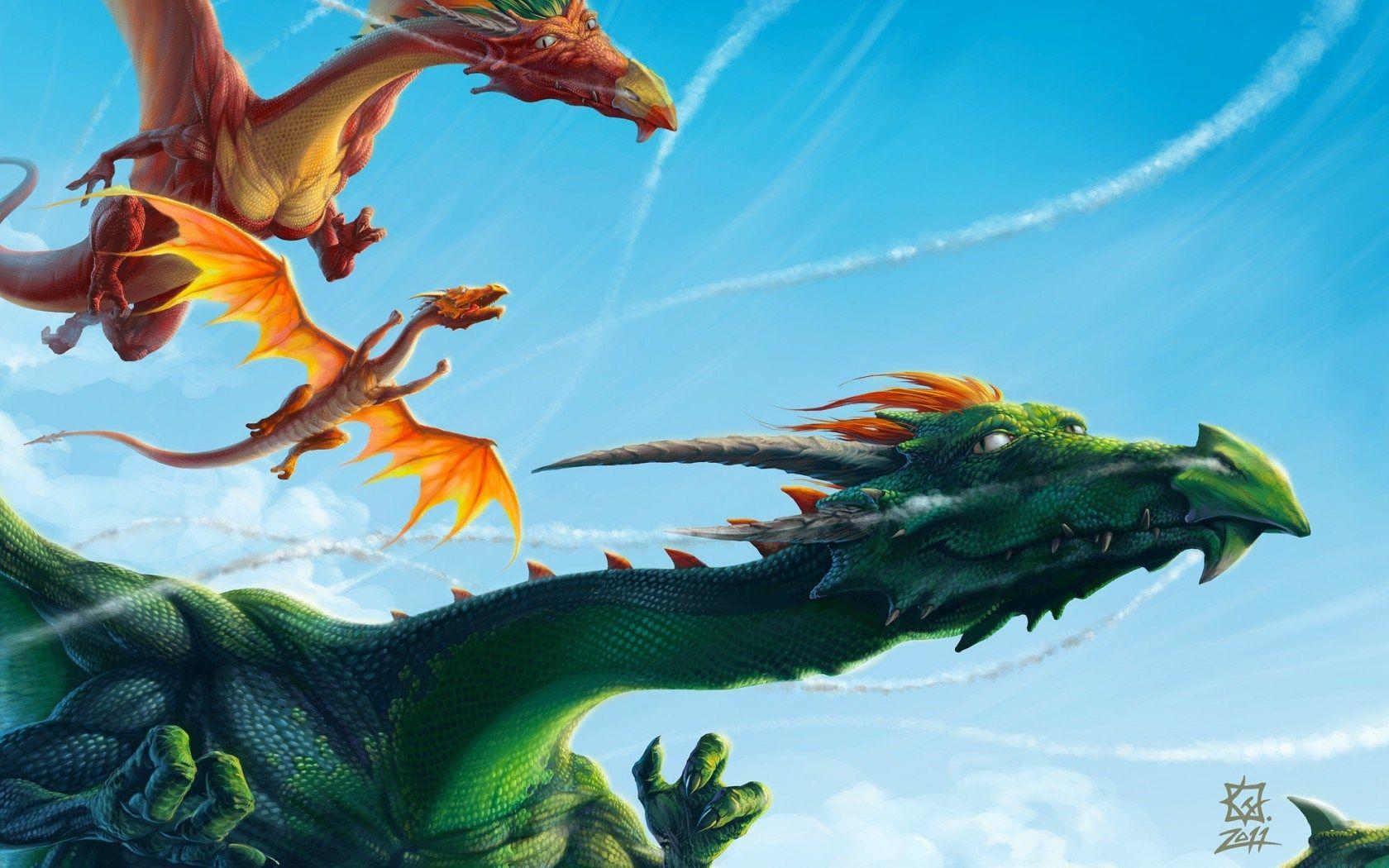 1680x1050 Dragons Flying In The Sky Art wallpaperx1050