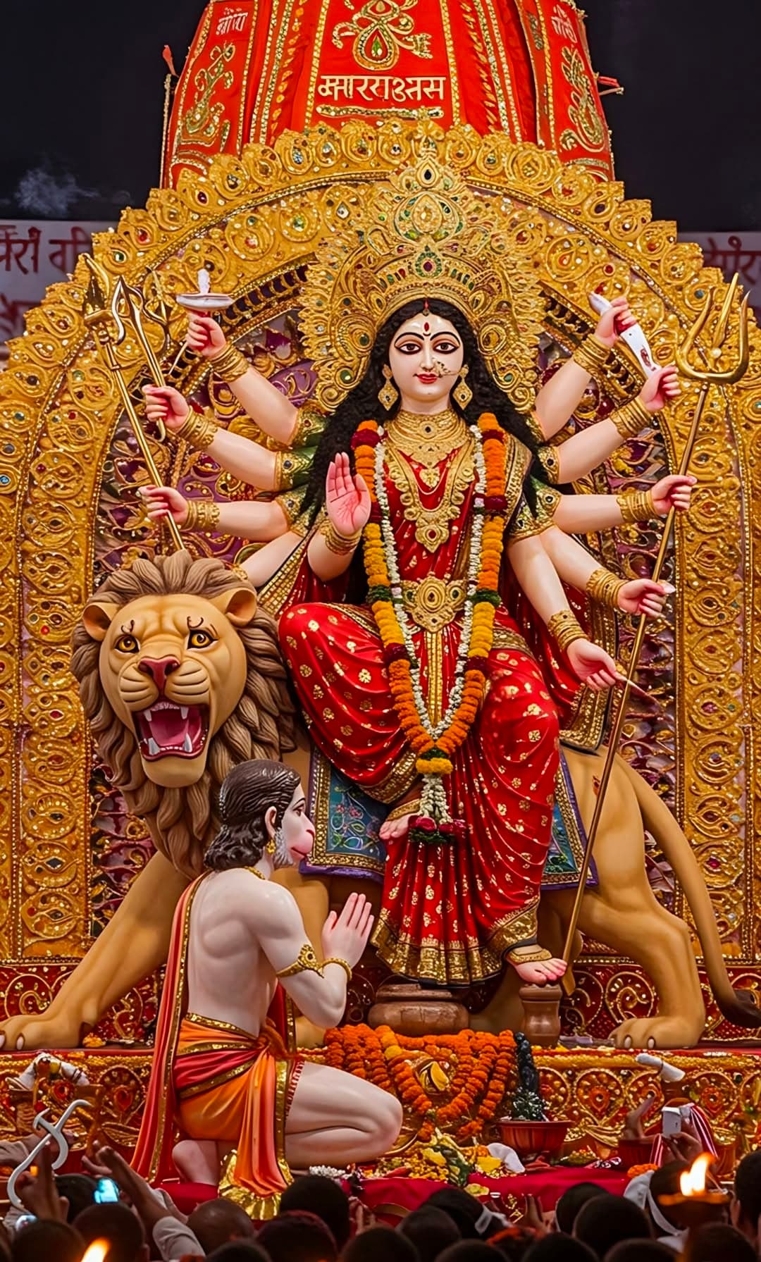 1080x1791 Durga Idol with Hanuman Devotee and Lion