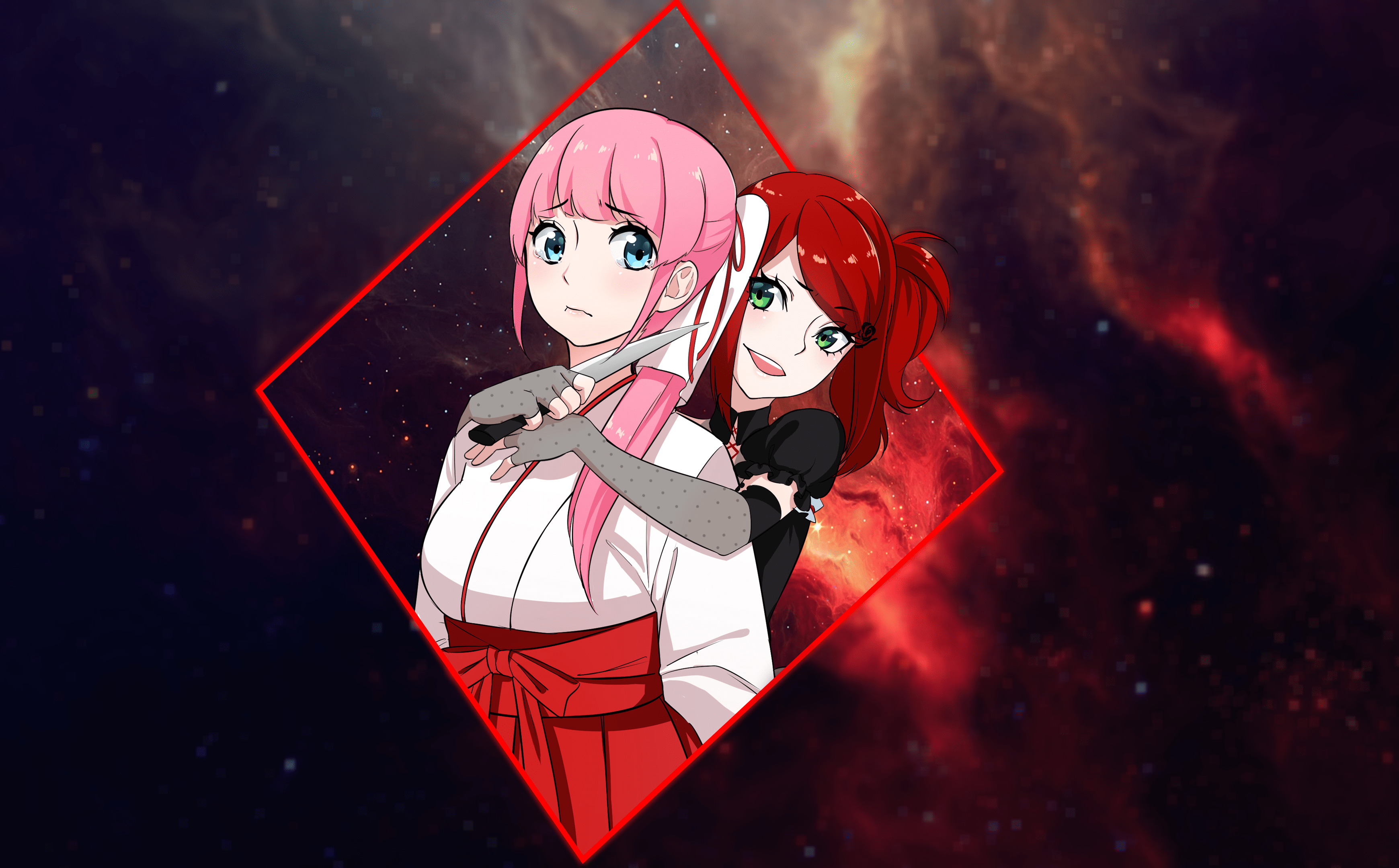 3480x2160 Tokyo Dark Picture In Picture Anime Girls Pink Hair Knife Redhead Anime Green Eyes Blue Eyes Wallpaper:3480x2160