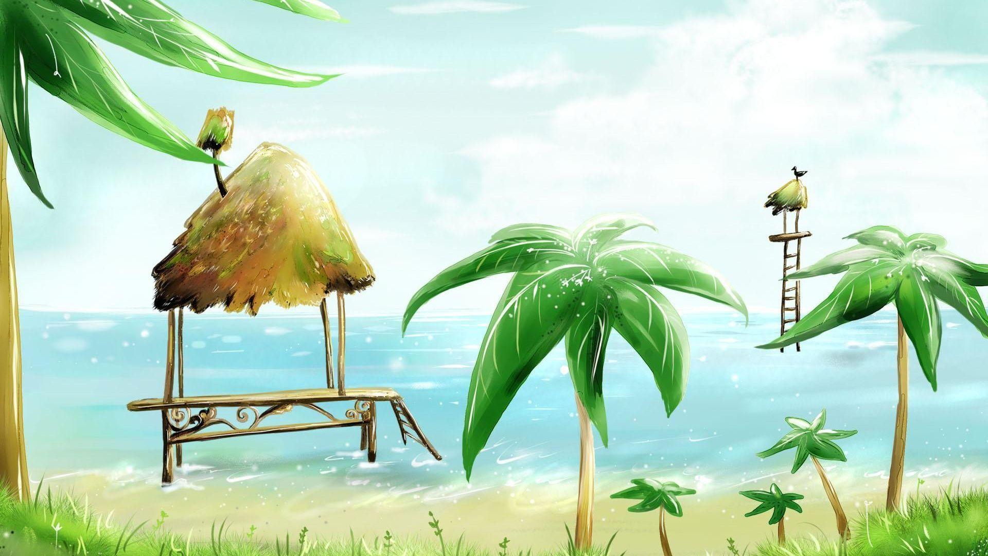 1920x1080 Wallpaper Palm beach cabins sea bird vector painting 1920x1200 HD Picture, Image