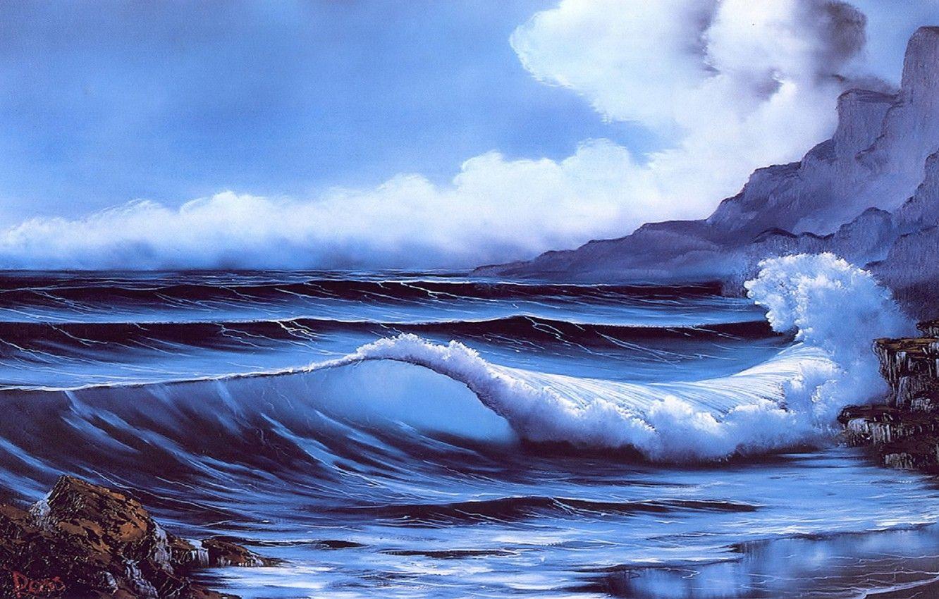 1332x850 Wallpaper sea, beach, the sky, water, clouds, stones, rocks, shore, wave, picture, painting, Bob Ross, Secluded Beach image for desktop, section живопись