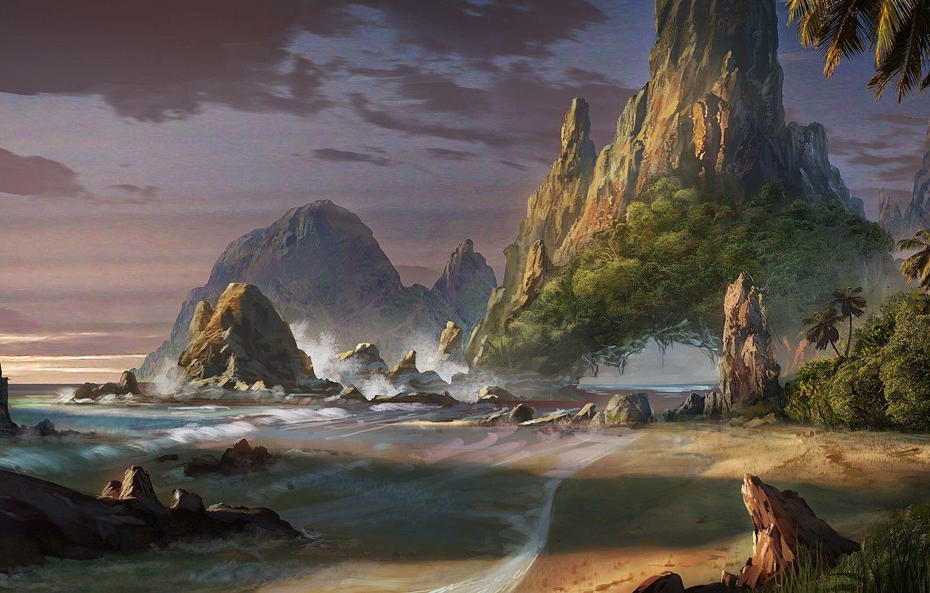 1332x850 Wallpaper sea, beach, landscape, rocks, art, fantasy world, Waqas Mallick image for desktop, section живопись