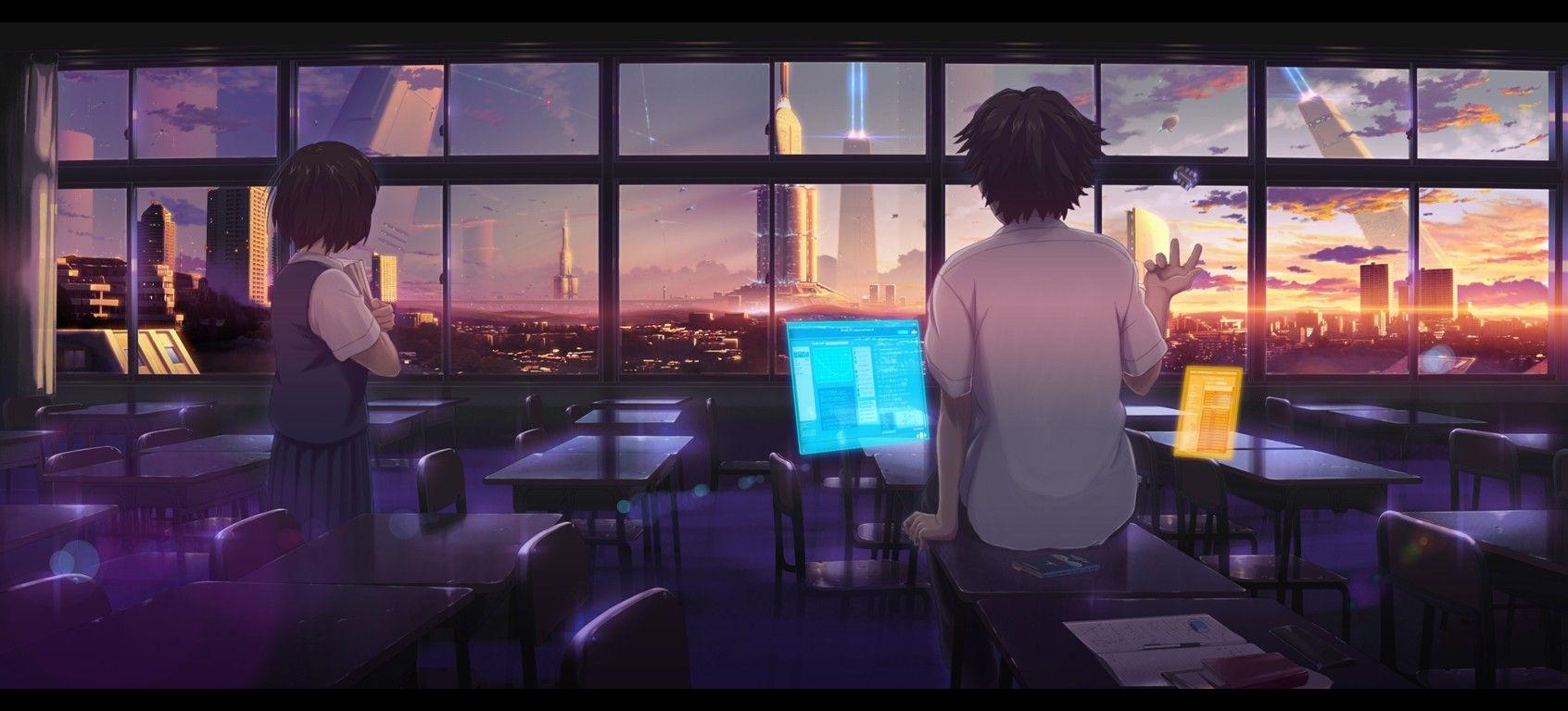 1692x768 #science fiction, #cityscape, #computer, #anime girls, #classroom, #anime boys, wallpaper. Mocah HD Wallpaper