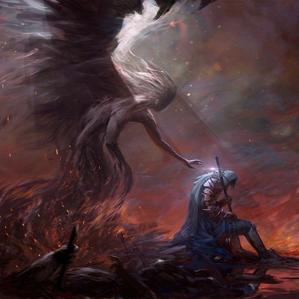 1024x1024 Desktop Wallpaper Knight Warriors Fantasy Angels Sitting