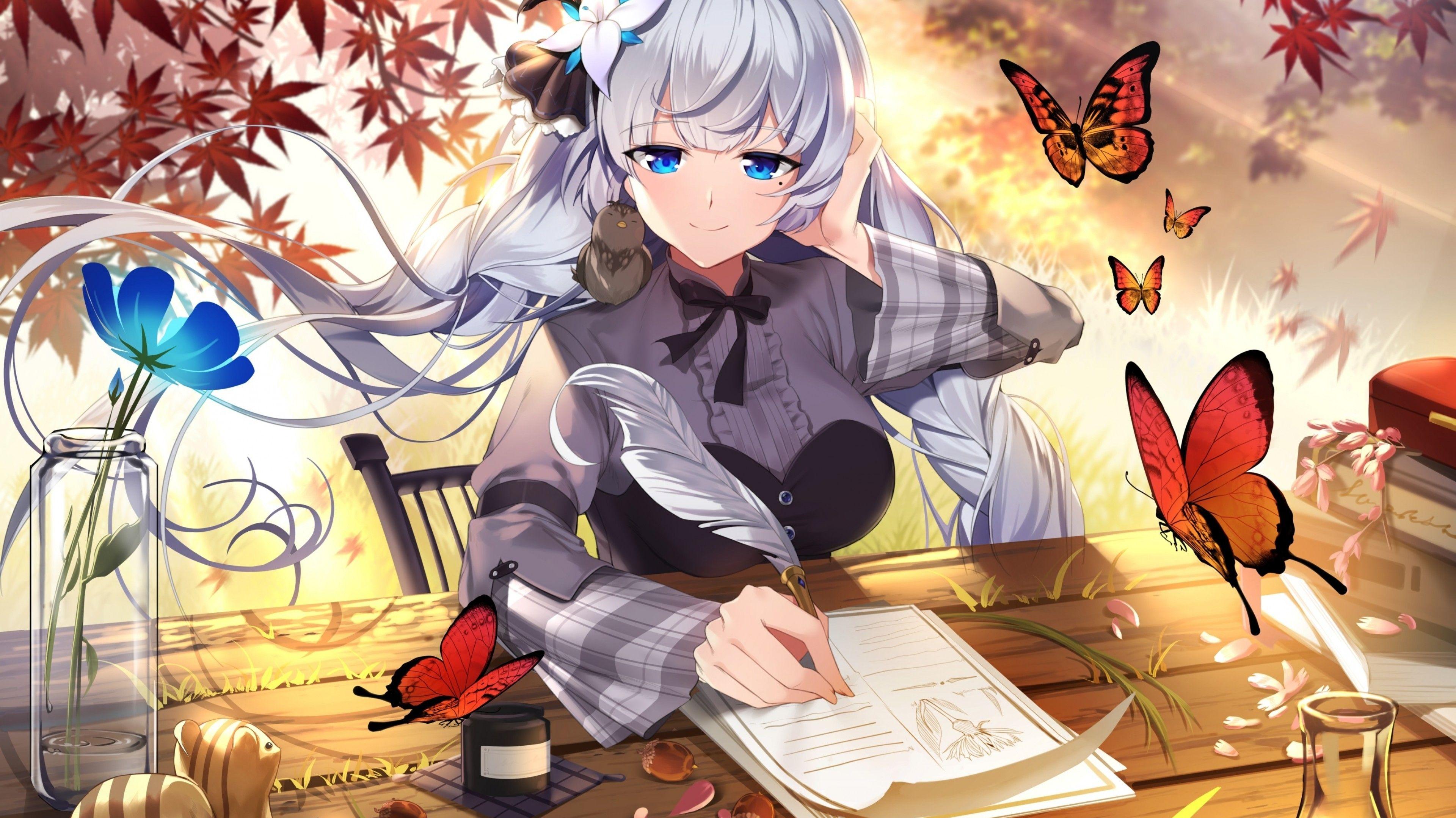 3840x2160 Download 3840x2160 Illustrious, Azur Lane, Butterflies, Dress, White Hair, Autumn Wallpaper for UHD TV