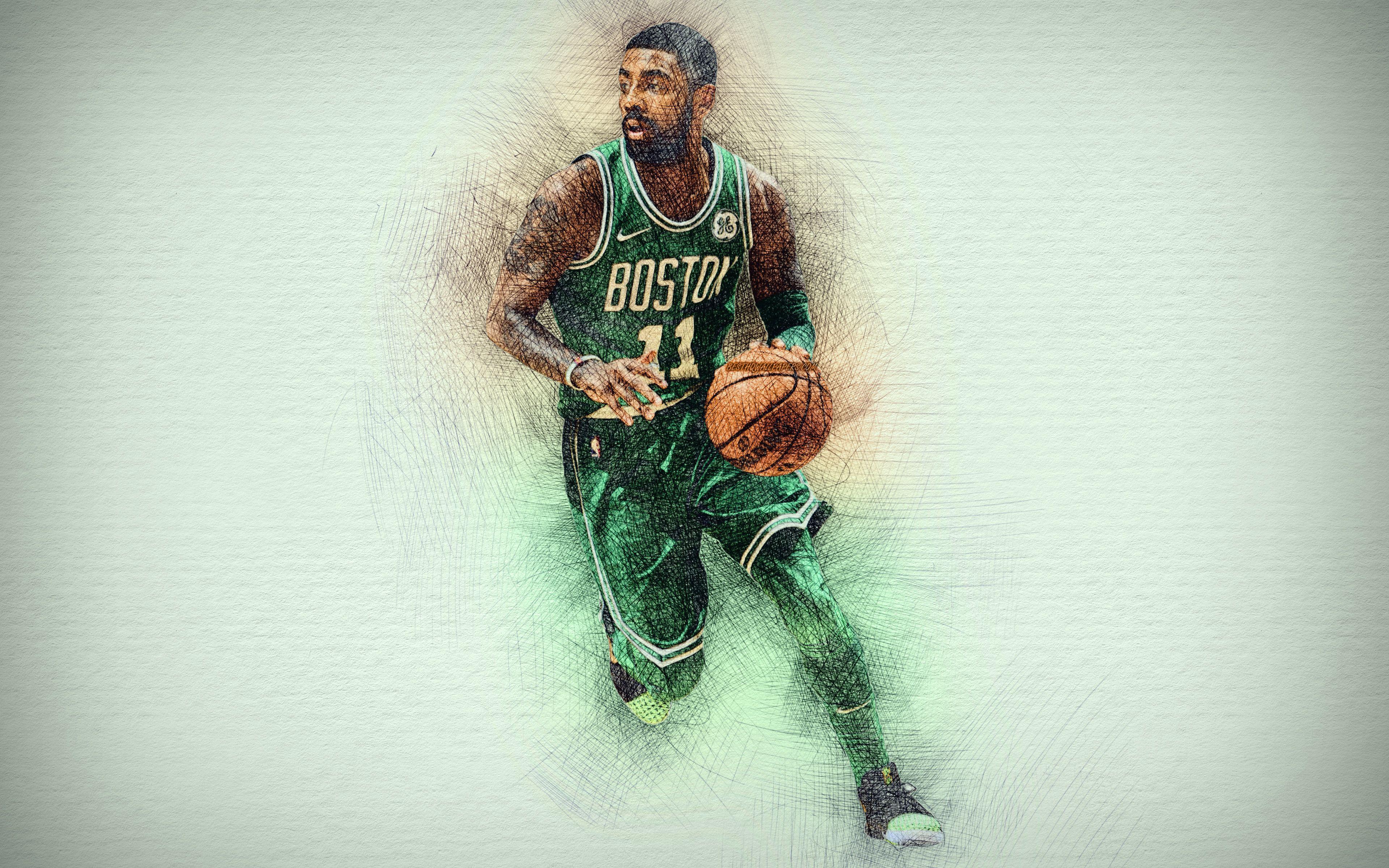 3840x2400 Download wallpaper 4k, Kyrie Irving, green uniform, basketball stars, Boston Celtics, Irving, artwork, NBA, basketball, drawing Kyrie Irving, NBA stars for desktop with resolution 3840x2400. High Quality HD picture wallpaper