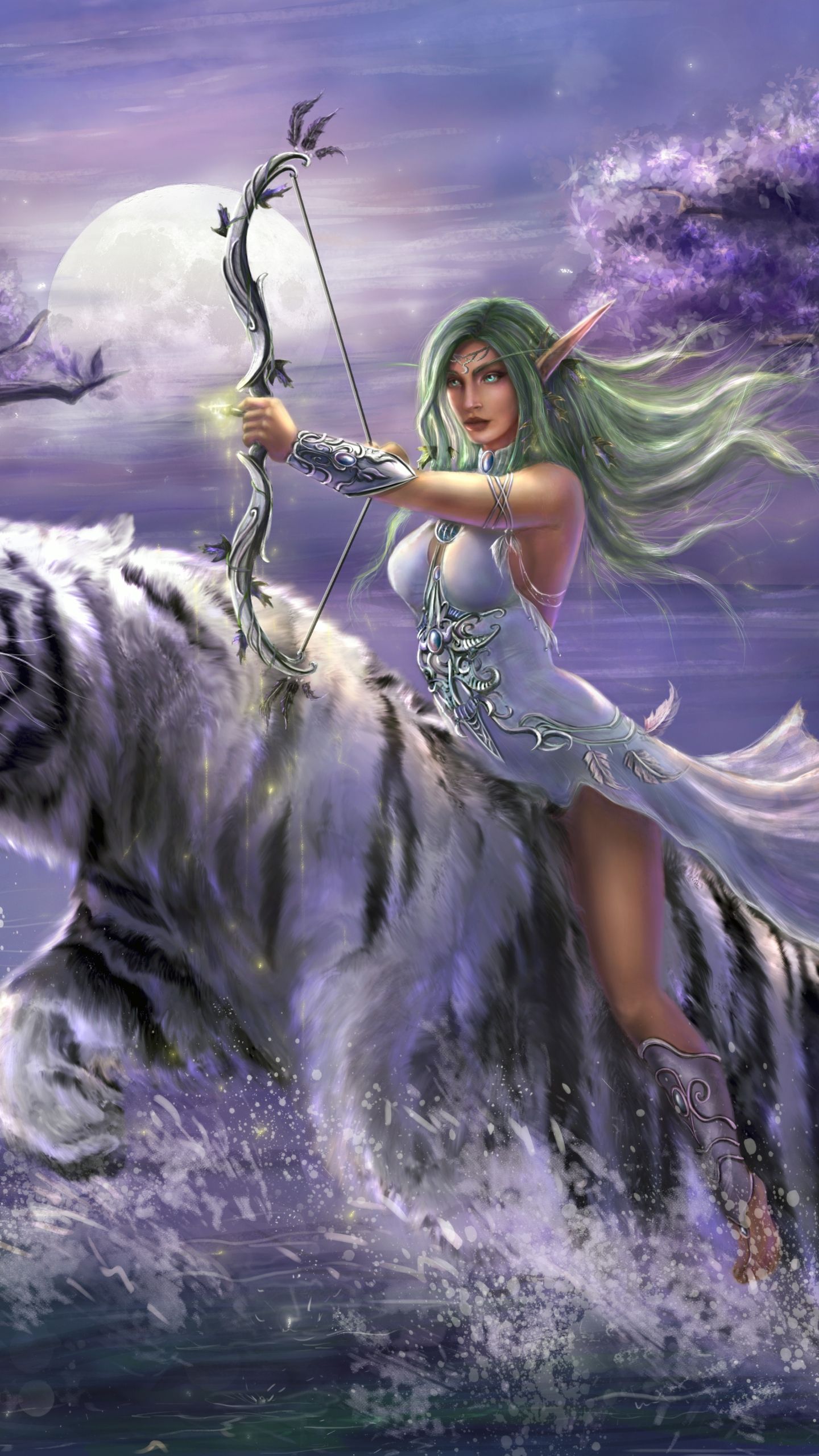 1440x2560 Phone wallpaper: World Of Warcraft, Tyrande Whisperwind, Woman Warrior, White Tiger, Video Game, Blue Eyes, Bow, Elf, Green Hair, Pointed Ears, Tiger, Warcraft 393518