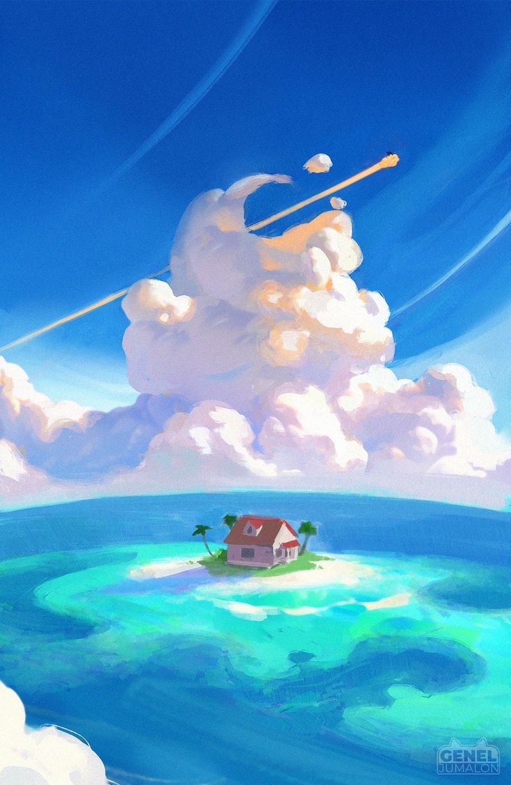 735x1128 Fan Art By Genel Jumalon. Dbz Clouds, Kame House Wallpaper, Dragon Ball Landscape
