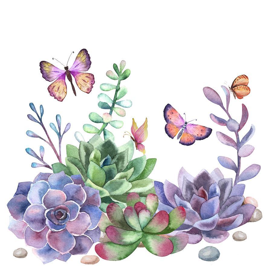 900x900 A Splendid Secret Succulent Garden With Butterfly Visitors Painting by Little Bunny Sunshine