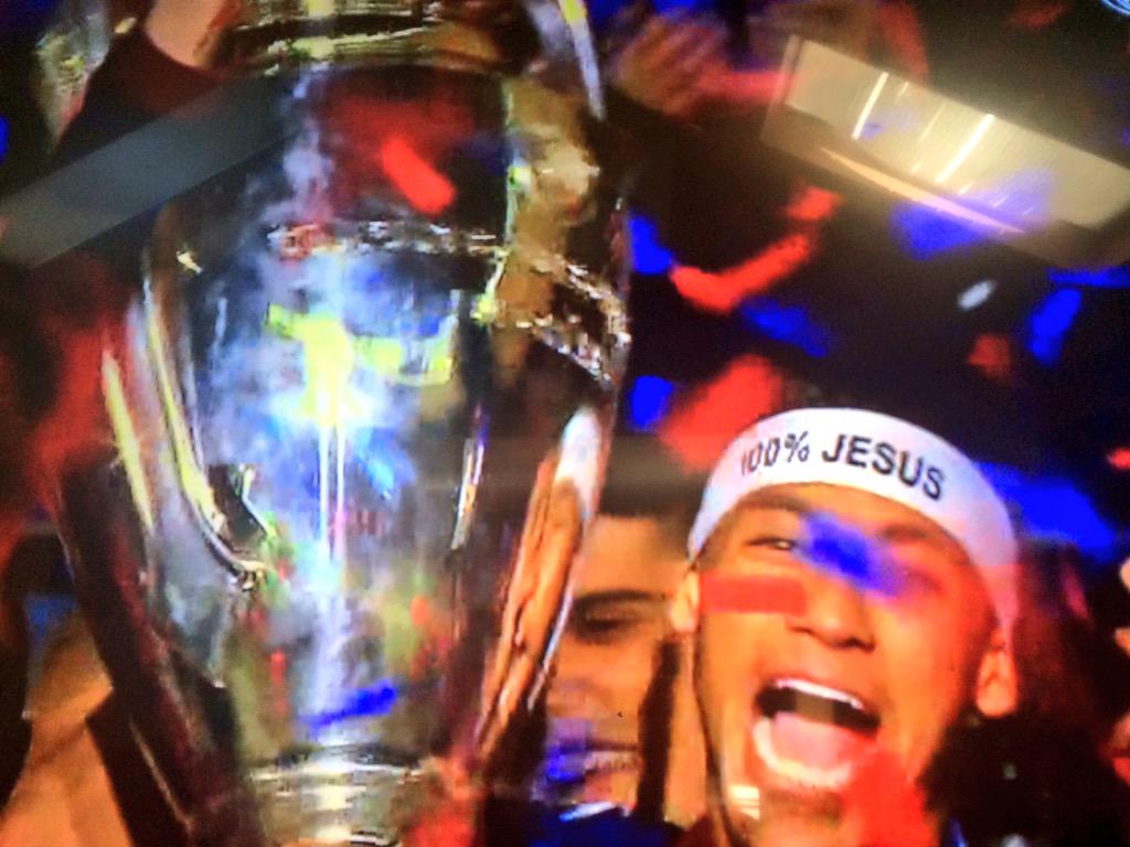 1024x768 Neymar is wearing a headband that says '100% JESUS' #UCLfinal
