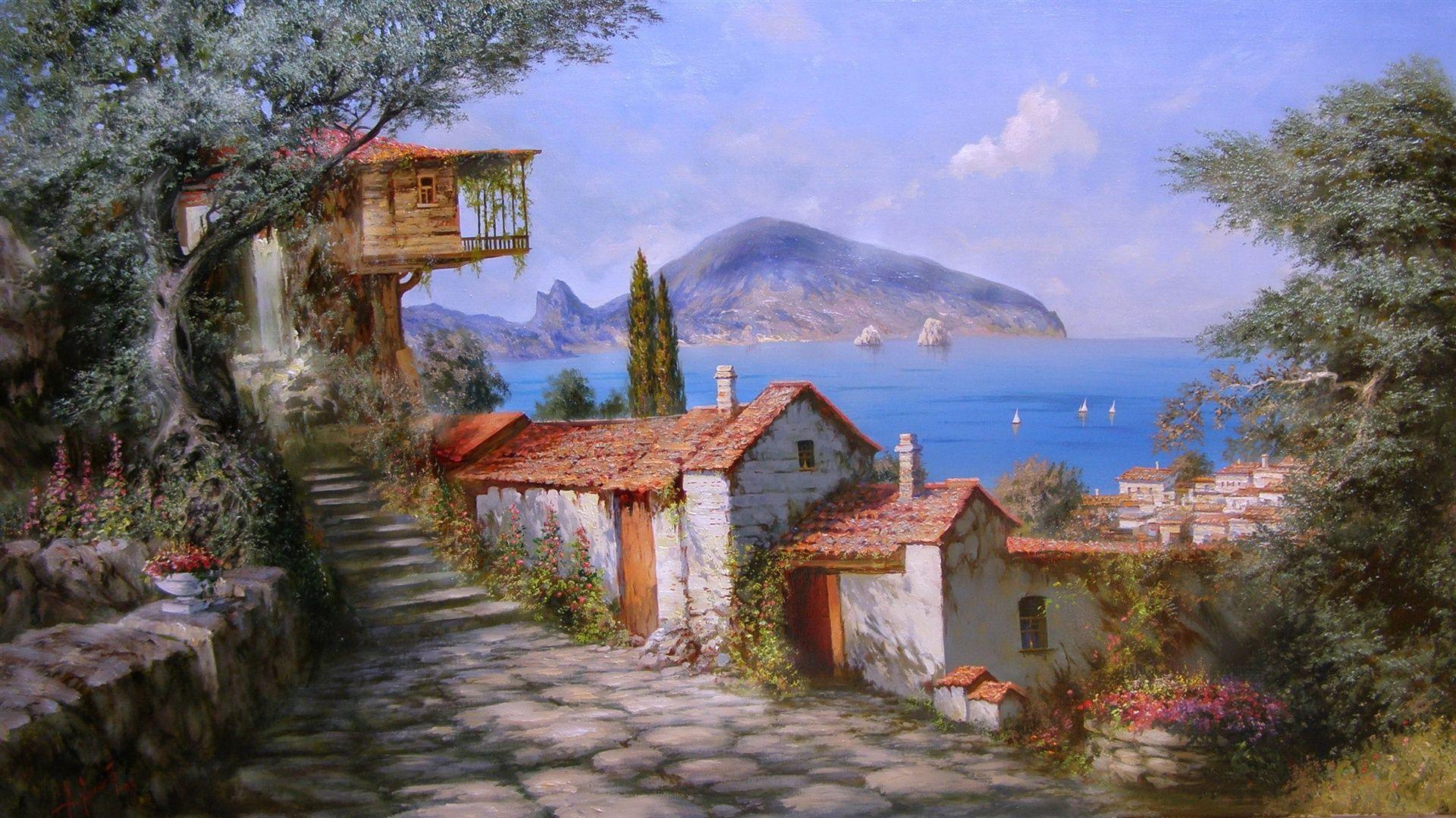 1920x1080 Wallpaper Miliukov seaside town of painting 2560x1440 QHD Picture, Image