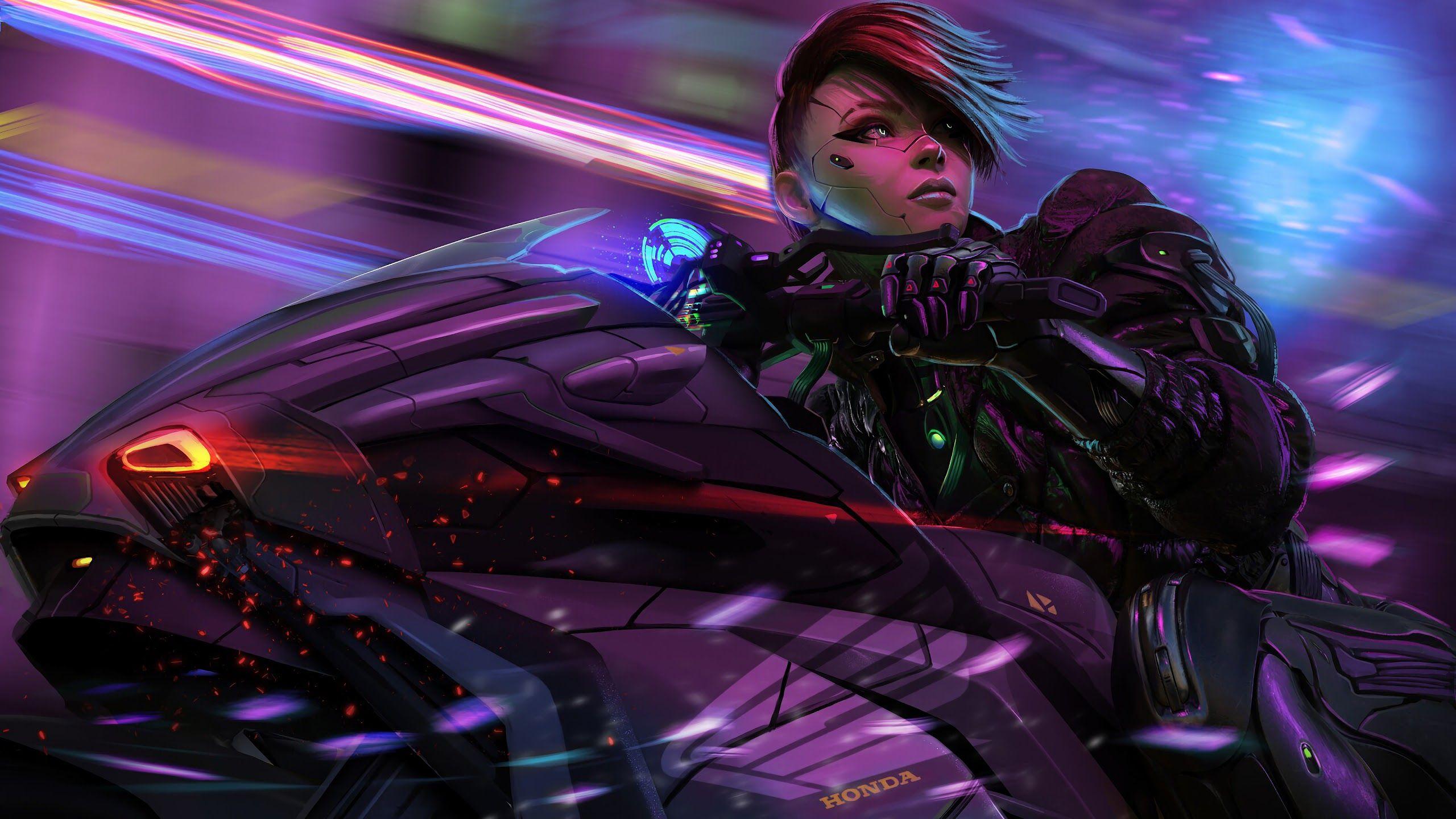 2560x1440 Cyberpunk Anime Biker Girl Motorcycle Sci Fi 4K Wallpaper