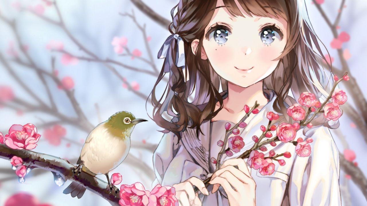 1280x720 Desktop Wallpaper Birds, Cherry Blossom, Anime Girl, Cute, HD Image, Picture, Background, 37c751