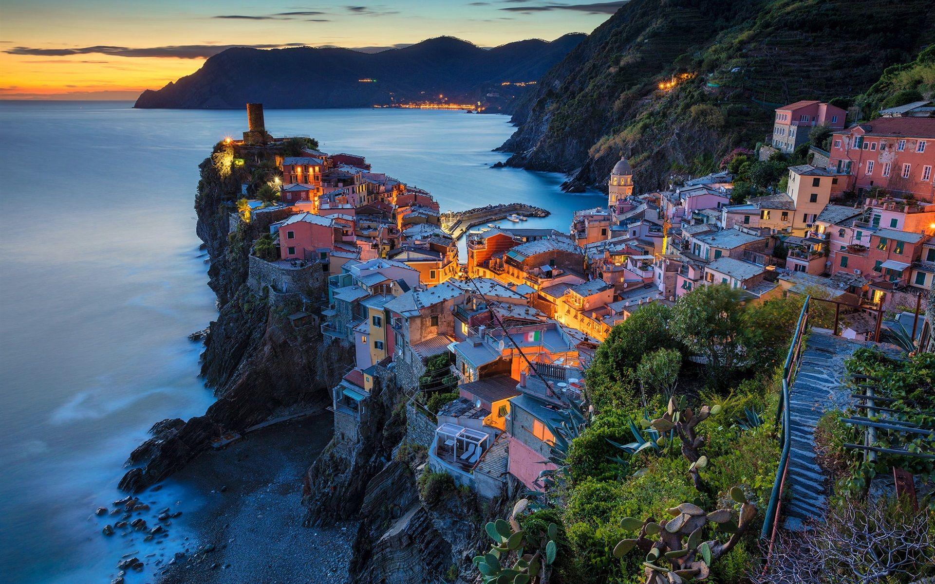 1920x1200 Wallpaper Italy, Vernazza, Cinque Terre, Liguria, houses, lights, sea, night 1920x1200 HD Picture, Image