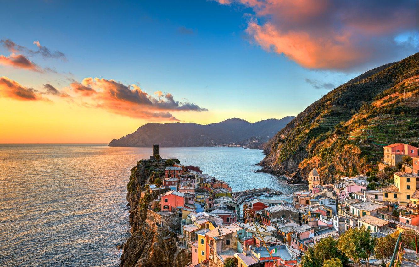 1332x850 Wallpaper sea, sunset, mountains, coast, building, Italy, Italy, The Ligurian sea, Vernazza, Vernazza, Cinque Terre, Cinque Terre, Liguria, Liguria, Ligurian Sea image for desktop, section город