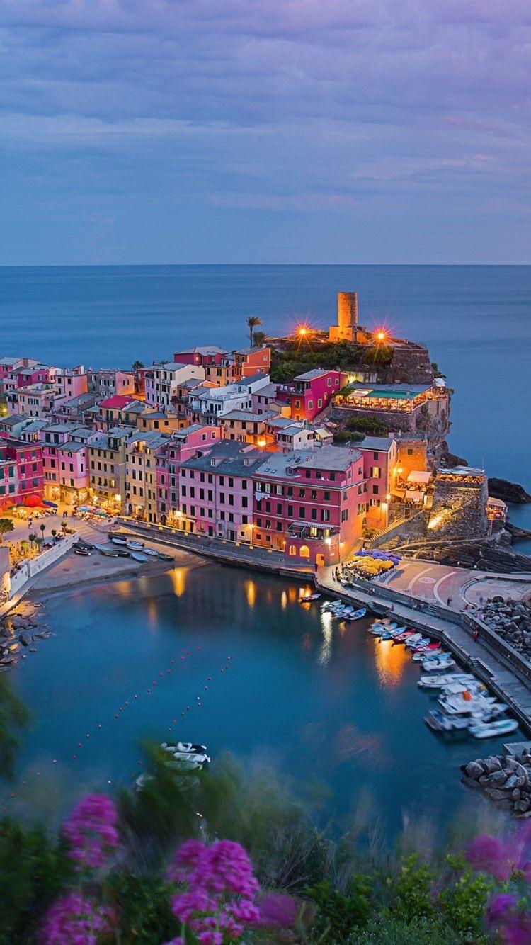 750x1334 Vernazza, Italy, City, Pier, Houses, Lights, Top View 750x1334 IPhone 8 7 6 6S Wallpaper, Background, Picture, Image