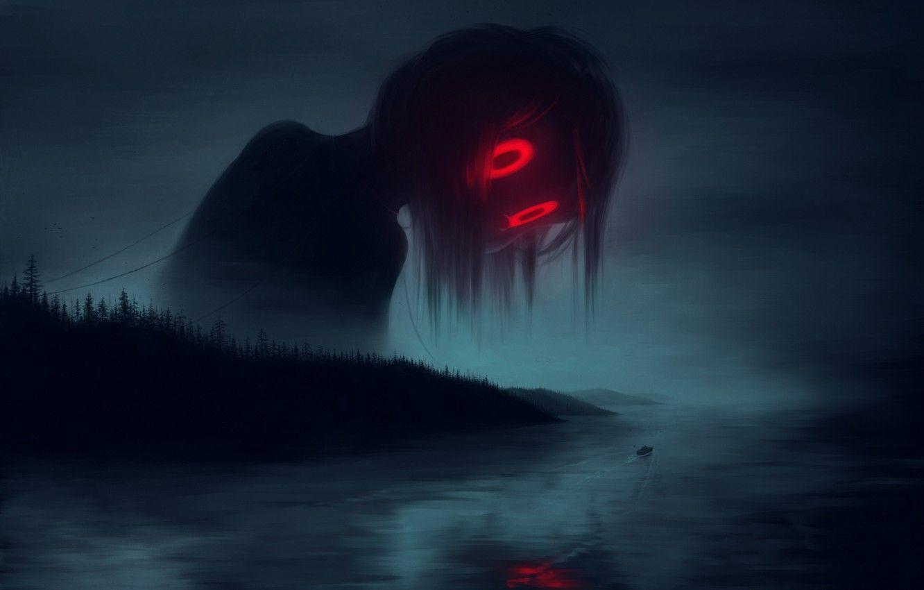 1332x850 Wallpaper hopelessness, fog, river, loneliness, boat, monster, Ghost, horror, red eyes, haze, nightmare, by Klaufir image for desktop, section фантастика