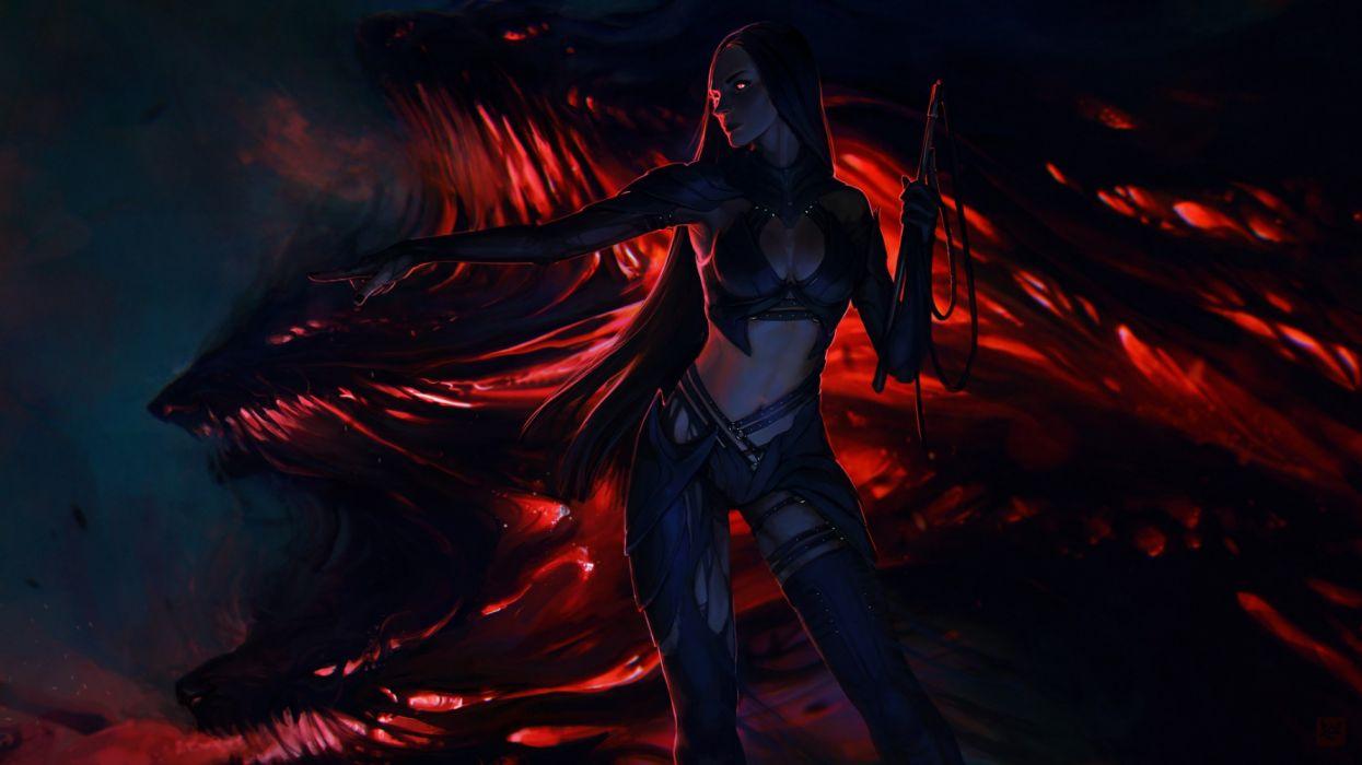 1245x700 Exellero girl woman fantasy red eyes monster wallpaperx1080