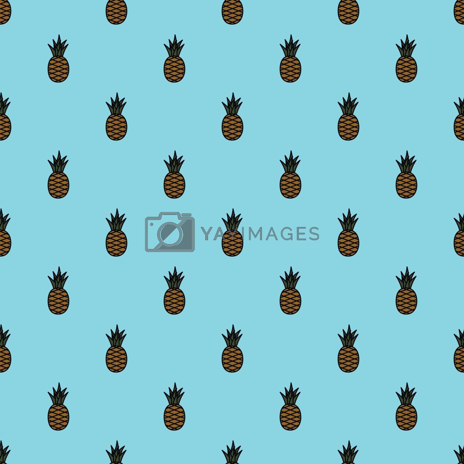 1600x1600 Royalty Free Vector. Seamless pineapple pattern. Cartoon pineapples on blue background. Tropical fruits pattern for textile, wallpaper, web, food seasonal card. Vector illustration