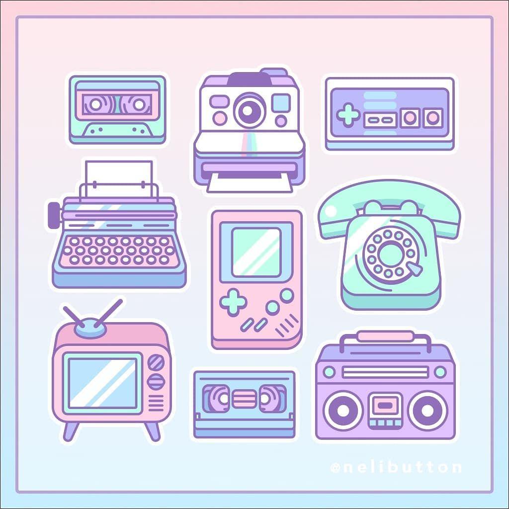 1024x1024 Retro tech.. .. .. . #retrotech #doodle #design #videogames #retro #gaming #pastel #kawaii #pastelaestheti. Retro artwork, Cute stickers, Cute pastel wallpaper