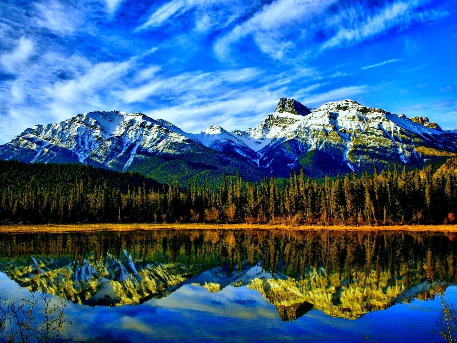 1600x1200 Nature Landscape Mountain Peaks With Snow Green Forest With Pine Trees Peaceful Lake Water Blue Sky Cloud Reflection In Water HD Wallpaper 1920x1200 :
