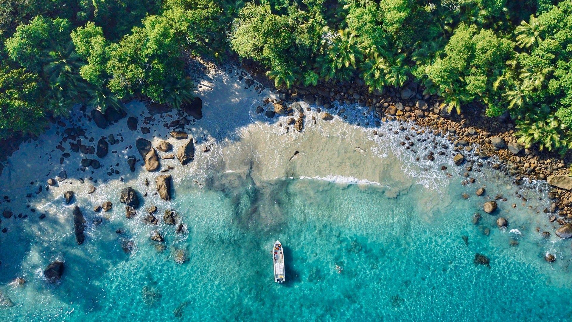 1920x1080 Download 1920x1080 Ocean, Aerial View, Tropical Island, Rocks, Boat Wallpaper for Widescreen