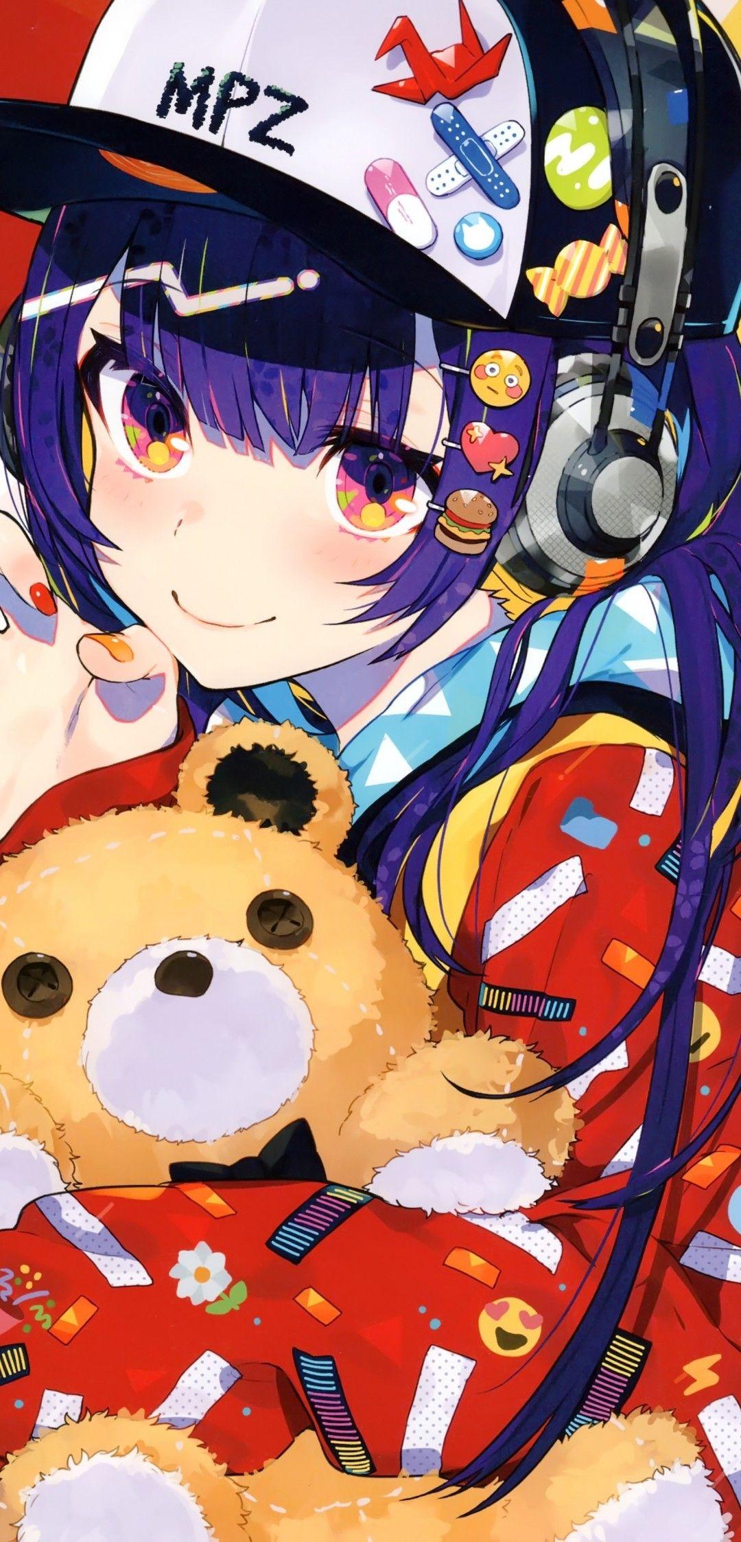 1080x2246 Download 1080x2246 Anime Girl, Headphones, Purple Hair, Cap, Teddy Bear Wallpaper for Xiaomi Pocophone F Asus ZenFone 5Z