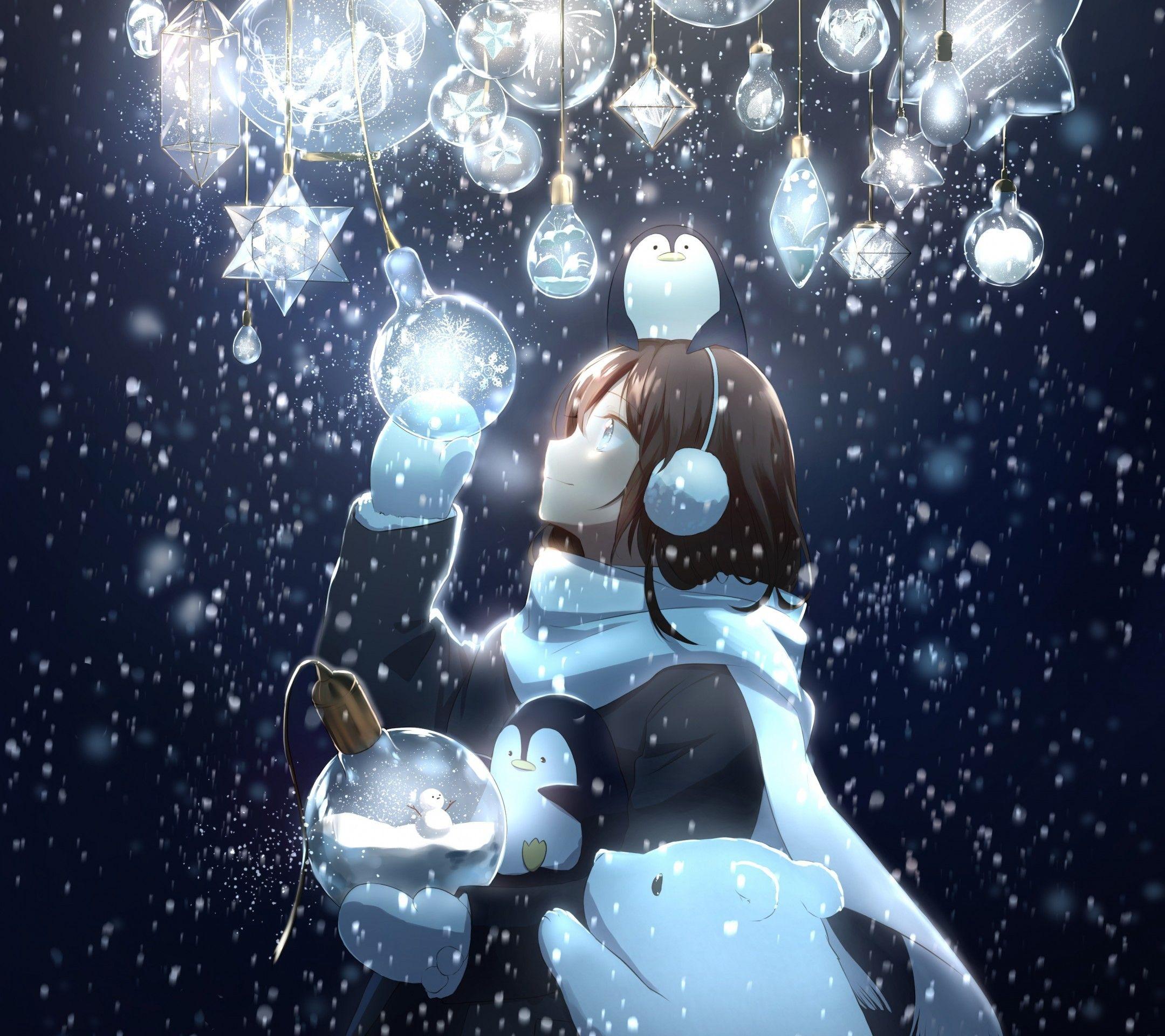 2160x1920 Download 2160x1920 Anime Girl, Light Bulbs, Smiling, Brown Hair, White Scarf, Polar Bear Wallpaper