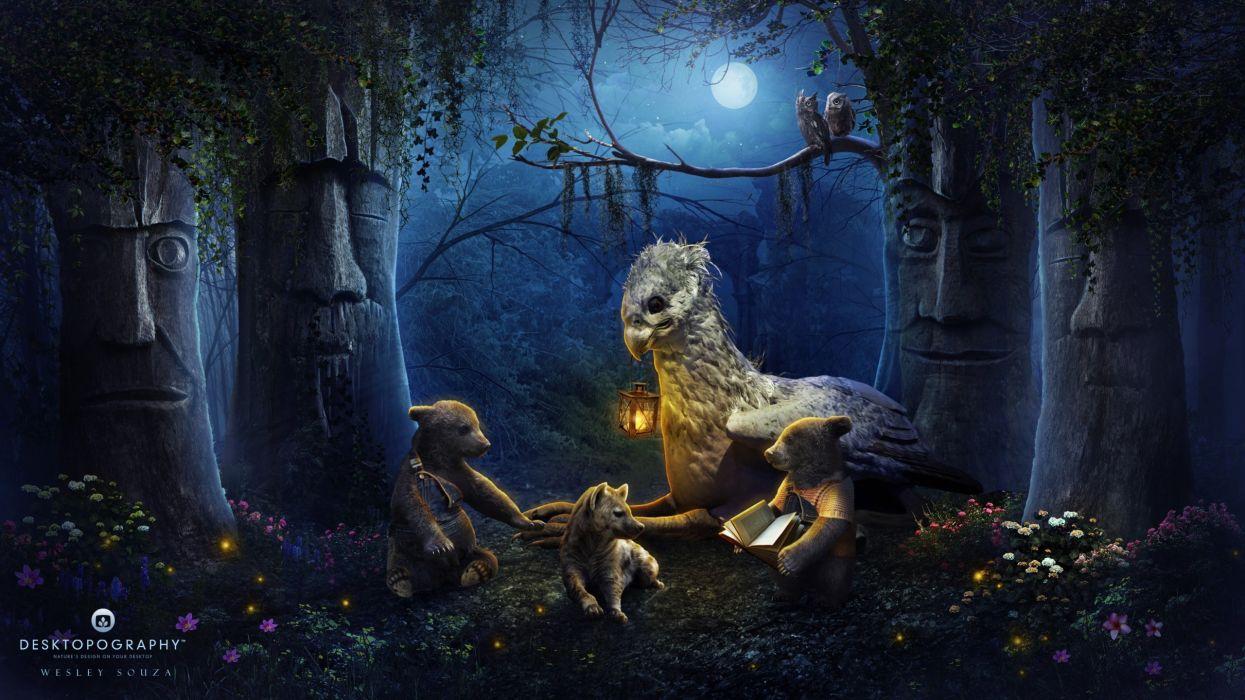 1245x700 Desktopography digital art fantasy beauty moon forest night animals wallpaperx1440