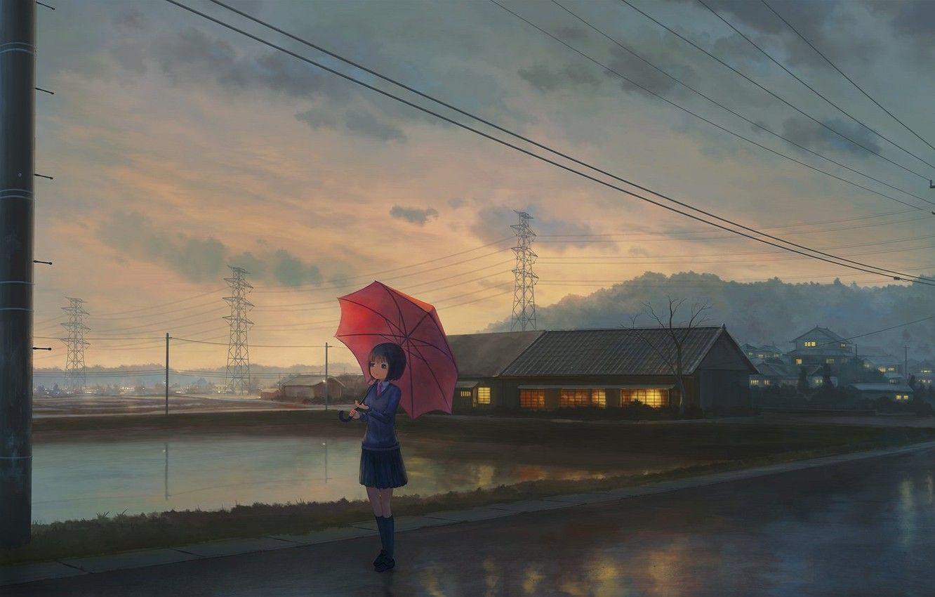 1332x850 Wallpaper posts, wire, home, the evening, Japan, Power lines, schoolgirl, waiting, pond, asphalt after the rain, red umbrella, the light in the Windows, the suburbs, cloudy sky image for desktop, section арт
