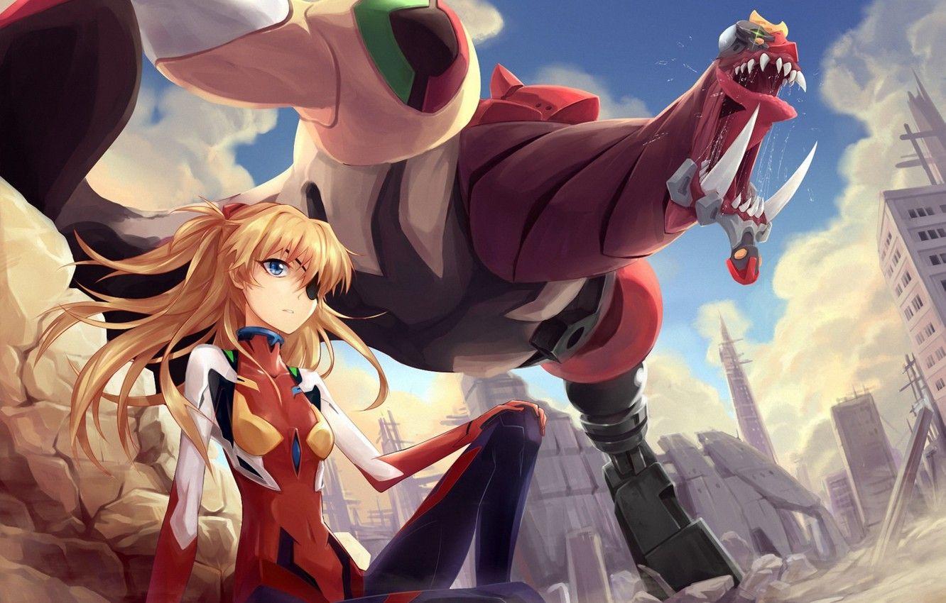 1332x850 Wallpaper girl, the city, robot, art, neon genesis evangelion, fur, soryu asuka langley, eva- tamaxi123 image for desktop, section сэйнэн