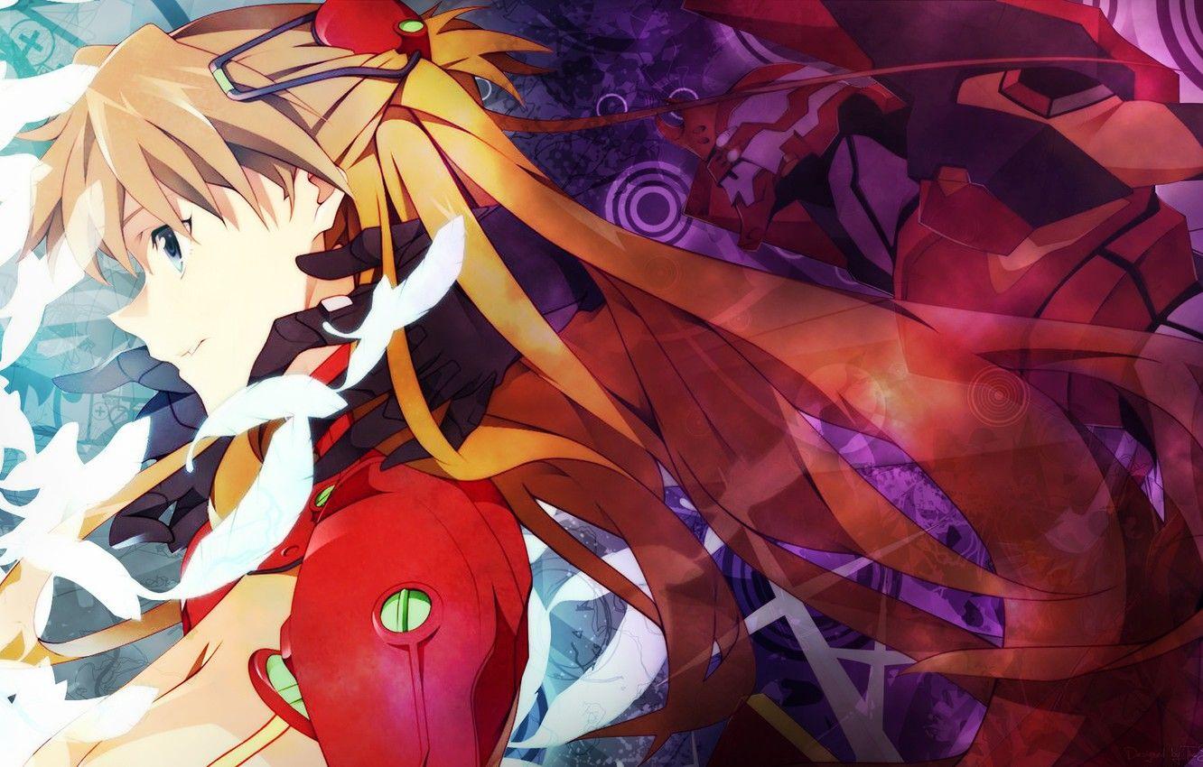 1332x850 Wallpaper feathers, hands, neckline, profile, red, Neon Genesis Evangelion, art, Asuka Langley Soryu, eva combat robot, Nanao image for desktop, section сёнэн